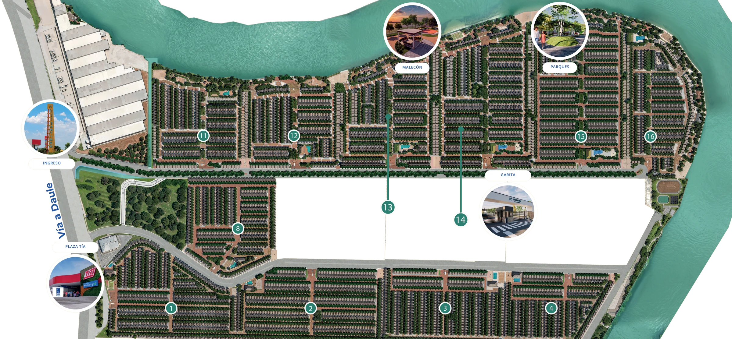 Plan maestro de Ciudad Santiago: dieciséis etapas junto al río Daule, con la vía a Daule, la plaza comercial, el malecón y los parques